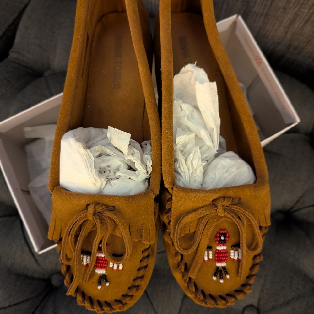 Minnetonka Brown Moccasins with Beaded Design